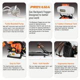 PROYAMA 51.7cc 3 in 1 Gas Powered Sprayer, 3.7 Gallon Backpack Turbo Pump Mist Duster Mosquito Fogger, Vibration-Damping Harness Leaf Blower with ‌Auto-Lock Handle for Garden Spraying