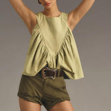 Hixiaohe Shirred Swing Tank Tops for Women Fashion Flowy Sleeveless Shirts Casual Crew Neck Blouse Loose Fit Ruffled Tops(Green,L)