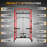 Power Cage with LAT Pulldown, Multi-Functional Power Rack with Cable Pulley System and J-Hooks, Squat Rack with Dip Bars and Landmine Attachment, Weight Cage (Black/Red)