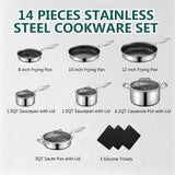 Yoehka 14-Piece Hybrid Stainless Steel Cookware Set, Non-Stick Pots and Pans Set with 3 Silicone Trivets | Induction Compatible Frying Pans, Saucepans, Saute Pan & Stock Pot | Oven Dishwasher Safe