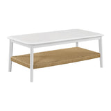 Alaterre Furniture Calais Living Room Collection – 48 Inch Rectangular Wood Coffee Table with Woven Storage Shelf – Mid Century Modern 2-Tier Living Room Table (White)