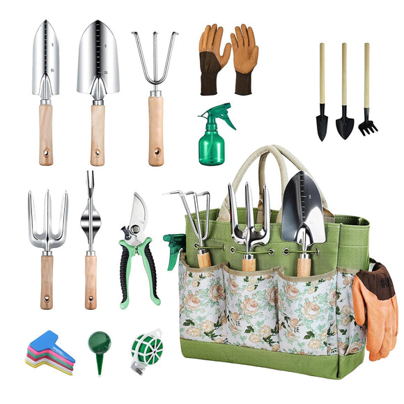Garden Tool Set, 12 Pieces Gardening Kit Stainless Steel Tools with Floral Organizer Handbag Succulent Cultivation Lawn Supplies