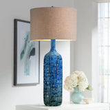 Possini Euro Design 36" Tall Large Mid Century Modern Farmhouse Rustic Coastal End Table Lamps Set of 2 Teal Blue Ceramic Living Room Bedroom Bedside Nightstand House Office Home Reading Tan Shade