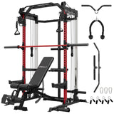 Mikolo Power Cage, 2000LB Power Rack with Independent Dual Pulley System, Multi-Function Home Gym Workout Machine for Cable Crossover (Red with Barbell)