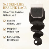 Luckstar 16A Body Wave Human Hair Bundles with 5x5 Skinlike Real HD Lace Closure,3 Bundles 20 22 24 with 18 Inch HD Closure, Double Drawn Weft, Long-Lasting Professional Sew-In Extensions