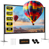 AHOLON Outdoor Projector Screen with Stand - 100 Inch Portable Projector Screen Indoor and Outdoor Projector Screens 16:9 4K HD Wrinkle Free Lightweight Movie Screen with Carry Bag,Enioy Movie Nights
