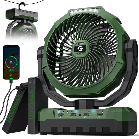 FRIZCOL 3-in-1 Camping Fan - Portable Fan Rechargeable - 24000mAh 9-Inch Battery Powered Fan(140Hrs) - USB Fan with Light & Remote for Indoor, Outdoor, Tent, Travel, BBQ, Fishing, Jobsite - Green FRIZCOL