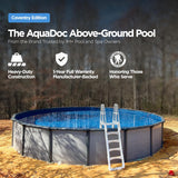 AquaDoc Coventry Round Steel Wall Above Ground Pool Kit 27' x 52" in Pewter Gray Finish with Wide Mouth Skimmer and Solid Blue Overlap Liner Classic Package - Made in North America