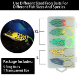 5PCS Topwater Frog Lures Set with Box, Realistic Soft Hollow Body Fishing Lures for Bass Snakehead Pike Bowfin, Weedless Freshwater Simulated Frog Baits