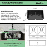 Beslend 30 Black Undermount Kitchen Sink - 30x19 Gunmetal Black Double Bowl Kitchen Sinks Workstation 16 Gauge Stainless Steel Sink Low Divide Double Basin 50/50