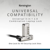 Kensington universal 3-in-1 2.0 combination laptop lock, fits T-bar, nano, N17, wedge-shaped lock types, 6-foot computer security locking cable, compatible with dell, HP, lenovo - resettable, K63394WW