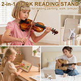 2 in 1 Dual-use Music Stand & Desktop Book Stand, Adjustable Height 16.5"-51", 100% Solid Wood Laptop Floor Stand Book Holder with Elastic Page Clips for Cookbooks (White)