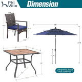 PHI VILLA 5pc Patio Dining Set with Umbrella, Square Table, Rattan Chairs