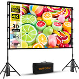 TOWOND Projector Screen with Stand, 100 inch Outdoor Projector Screen Portable Indoor Projection Screen 16:9 4K Rear Front Movie Screen with Carry Bag for Home Backyard Theater 100 inch