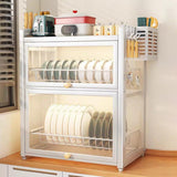 Gdrasuya10 Medium Dish Drying Rack for Kitchen Counter, Stainless Steel Dish Strainer with Cover 2 Tier Kitchen Counter Utensil Holder Drainer Rack Cup Rack (White)