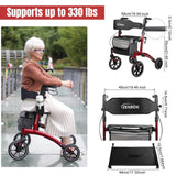 Rollator Walker for Seniors/Adults Foldable Rolling Walker with Seat 330 lbs Capacity 4 Big 8 inch Wheels Hand Grips Adjustable Height Lightweight Aluminum Walker 7205(Red)