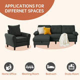 Chireca 3 Piece Convertible Sectional Sofa Set, Modern Linen Fabric Small Couch with Movable Storage Ottoman & Reversible Chaise, 4-Seat Sofa Couches for Living Room, Home Office, Apartment, Black