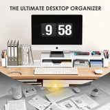 OPNICE Desk Organizers and Accessories, Dual Monitor Stand Riser with Drawer and 2 Pen Holders, Desk Shelf Computer Racks & Printer Stand for Office Workspace Organizers, Desktop Organization (White)