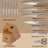 Kuisine Premium Sharp Knife Set,High Carbon Stainless Steel Sharper Blade Ergonomic Non-slip Handle,Kitchen Block Knife Set Chef Knife Block Set with Built-in Sharpener(Acacia, 15PCS)