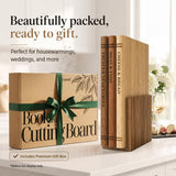 Liereti Premium 3pc Book Cutting Board Set with Stand, Space-Saving Decorative Wood Cutting Board Library, 100% Natural Wood Grain Finish, Sleek Laser-Engraved Labels