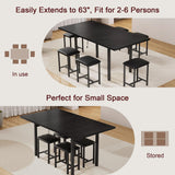 7-Piece Dining Table Set, 63" Large Extendable Kitchen Table Set with USB Charging, Metal & Wood Support