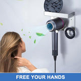 Hair Dryer Holder Wall Mounted, Stainless Steel Blow Dryer Holder for Attachments Storage, Hair Tool Organizer with Plug&Cord Hook, Adhesive Hairdryer Hanger for Bathroom, Silver
