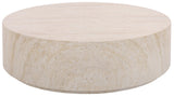SAFAVIEH Outdoor - Tina Round Coffee Table - Travertine-Effect - Fully Assembled - Weather Resistant - Ideal for Deck, Patio, Backyard, 35.4" W x 35.4" D x 10.6" H (PAT6211A)