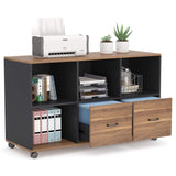 2 Drawers Lateral File Cabinets, Home Office 43-inch Mobile Wood Cabinet Credenza Printer Stand with Wheels and Open Storage Shelves