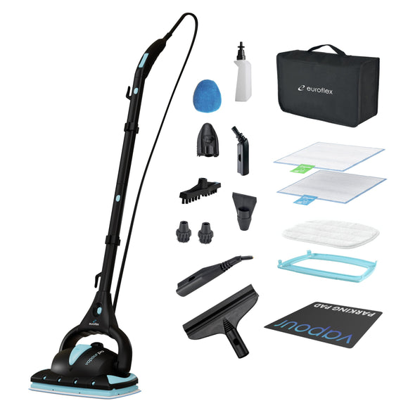 Euroflex Vapour Pro Steam Mop & 18pc Multipurpose Portable Steam Cleaner for Hardwood, Carpets, Kitchens, Bath, Cars, Tile & Grout Cleaning; Kills 99.99% of Germs & Bacteria; 5 Year Warranty Euroflex