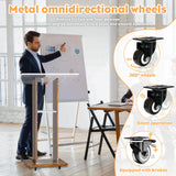 Portable Wooden and Acrylic Podium Lectern with Wheels, Wood Speaking Churches Pulpit Stand Design with 2 Storage Shelves
