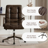 KISLOT Home Office Desk Chair, Ergonomic Office Chair with Square-Patterned Leather Upholstery, Adjustable Swivel Computer Chair with Wood Arms & Wheels, Soft-Rounded Front Edge, Espresso