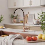 Akicon Antique Copper Pre-Rinse Spring Kitchen Faucet, Single Level Solid Brass Kitchen Sink Faucets with Pull Down Sprayer