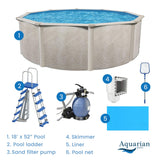 Aquarian Phoenix Round Above Ground Swimming Pool Kit, 18' x 52" - Includes Ladder, Sand Filter Pump, Thru-Wall Skimmer, Liner & Leaf Net, Steel Frame w/Galvanized Walls, Outdoor or Backyard Setup