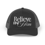 Believe in Him Christian Trucker Hat, Embroidered Hat for Men & Women, Jesus Religious Faith Apparel Black/Charcoal