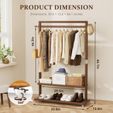 Wamhom Solid Wood Clothes Rack with Wheels | 3-in-1 Freestanding Garment Rack & Coat Tree, Extra-Long Rod, Two Shelves, 220 lb Load | Organizer for Bedroom & Entryway