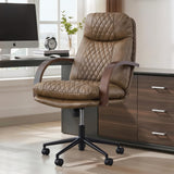KISLOT Home Office Desk Chair, Ergonomic Office Chair with Lumbar Support, Adjustable Swivel Computer Chair with Wheels, Faux Leather Executive Task Chair with Wood Arms, Brown