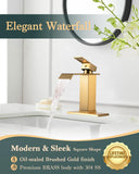 KUZOR Gold Waterfall Bathroom Sink Faucet, Brushed Gold Finish, Single Handle, 1 or 3 Hole Installation, Metal Pop Up Drain, 23.6-inch Hoses, 3/8 Inch Compression Threads