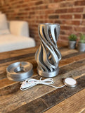 MAKER 3D Twist Spiral Table Lamp in Silver - Handmade 3D Printed Shadow Projection Night Light, Dimmable USB LED Bedside Accent Lamp for Bedroom, Nursery and Office Desk Decor