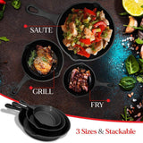 NutriChef Pre-Seasoned Cast Iron Skillets - 3 Pieces Cast Iron Cookware Set w/Drip Spout and Scraper - Compatible with Induction