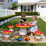 RKGOMDMU Mushroom Table and Stool Set Outdoor Garden Decor – Red Mushroom Resin Patio Stool, Whimsical Mushroom Statue for Yard, Lawn, Balcony, Fairy Garden, Kids Play Area