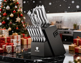 BRODARK Kitchen Knife Set with Block - 15-Piece Knife Block Set with Built-in Sharpener - High Carbon Stainless Steel Kitchen Knives Set for Kitchen - Christmas Gift, Shark Series, Mothers Day