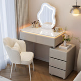 Quvex 31.5" Compact Makeup Vanity Desk with LED Cloud Mirror & Ambient Light, Sintered Stone Top Vanity Table, 5 Drawers, Petal Chair, Extendable & Reversible Dressing Table, Wall-Flush Design, Khaki