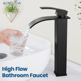 Airuida Vessel Sink Faucet, Tall Waterfall Bathroom Faucet, Single Handle One Hole Mixer Bowl Tap with Large Rectangular Spout, Bar Sink Faucet Lavatory Vanity- Matte Black