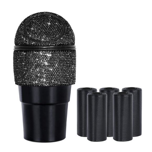 eing Car Trash Can Bling Crystal Auto Mini Trash Bin for Car Office Home Women,Car Cup Holder Garbage Can with Lid and 5 Pack Disposable Garbage Gag, Black eing