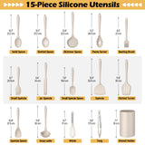 15-Piece Kitchen Cooking Utensils Set with Holder, Homikit Heat Resistant Food Grade Silicone Kitchen Utensils include Slotted Spatula- Khaki