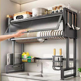 ZrgGea Over The Sink Dish Drying Rack, Over Sink Dish Drain Drying Rack for Kitchen Storage of Dishes and Cutlery, Space Saving Dish Rack with Cover, (Black, 33.5 inch)
