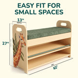 Kids & Toddler Shoe Rack with Bench Seat: Solid Pine Wood 2-Tier Shoe Organizer with Hidden Storage - Safari Giraffe Design Kids Furniture - Cushioned Seat, Rounded Safety Corners, Easy Assembly