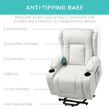 Best Choice Products Modern Linen Electric Power Lift Chair, Recliner Massage Chair, Adjustable Furniture for Back, Legs w/ 3 Positions, USB Port, Heat, Cupholders, Easy-to-Reach Button - Ivory