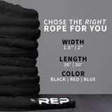 REP Battle Ropes - PolyDacron Battle Rope for Strength and Conditioning Workouts – 1.5" and 2" Diameter, 30ft, 40ft, 50ft Lengths with Optional Cover Sleeve (Black, 2.0 inch x 30 ft)