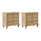 HULALA HOME Farmhouse 3 Drawer End Table with Tray, Drawer Organizer with Solid Wood Legs, End Table with Charging Station（Natural, Set of 2）